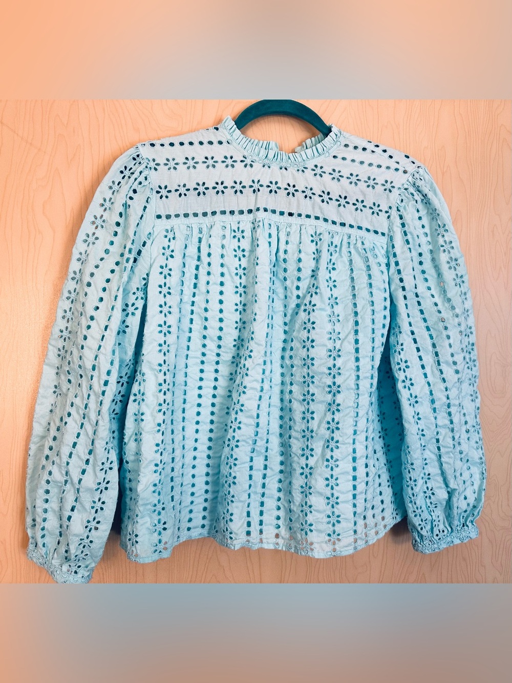 J. Crew Teal Blue Eyelet Ruffle-Neck Blouse